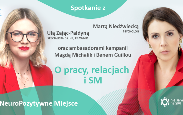 plakat o spotkaniu zdjęcie od lewej Uli Zając-Pałdyny i po prawej Marta Niedźwiecka na dole logo kampanii nie sam na SM