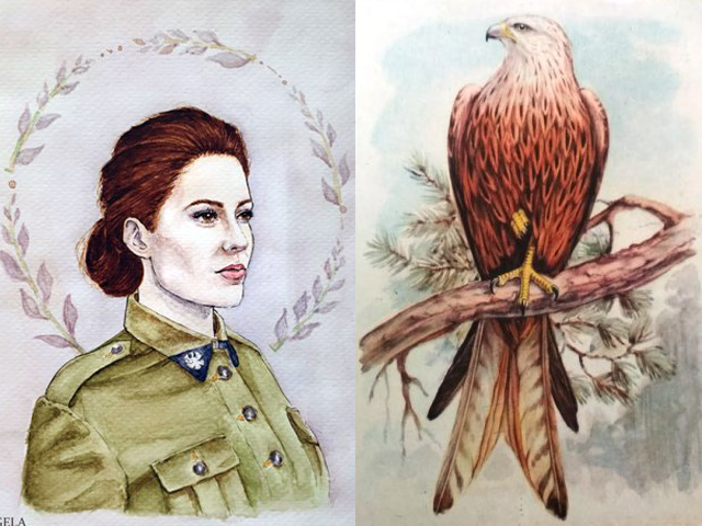 po lewej rysunek popiersia młodej kobiety w mundurze, po prawje rysunek orła