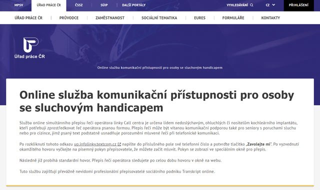 screen strony internetowej Urzędu Pracy w Czechach z informacją dla osób niesłyszących w języku czeskim