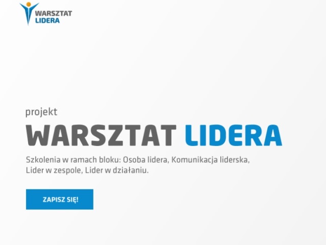 w lewym roku logo warsztat lidera na środku napis projekt Warsztat lidera szkolenia w ramach bloku osoba lidera, komunikacja liderska, lider w zespole, lider w działaniu