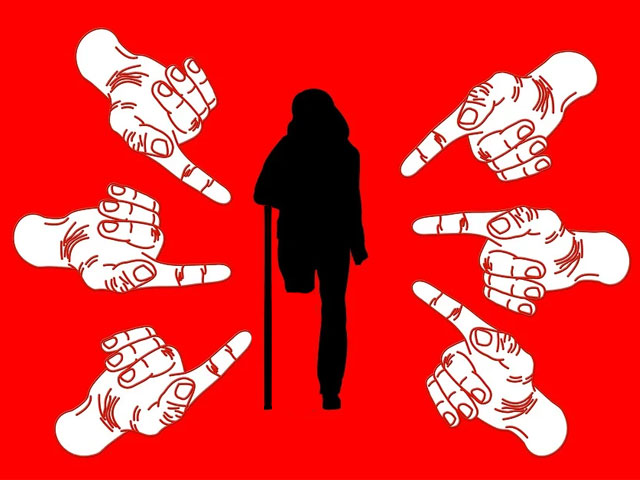 grafika: postać kobiety z 1 nogą, podtrzymuje się o lasce. Wokół kobiety są wytykające ją dłonie