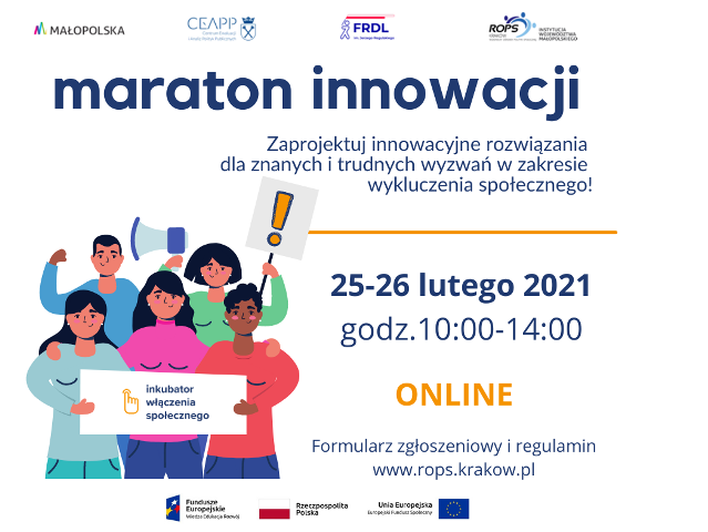 baner reklamowy rysunek grupy osób trzymających napis inkubator włączenia społecznego na góze loga i maraton innowacji 25-26 lutego 2021 godz. 10-14 online