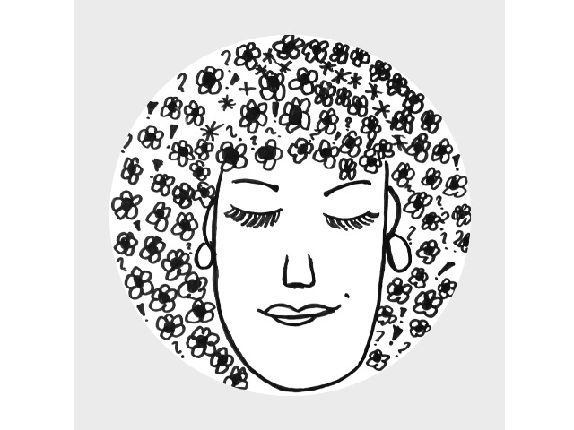 rysunek kobiecej głowy z kręconymi włosami