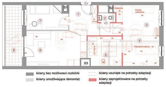 Rysunkowy plan mieszkania z zaznaczonymi pomieszczeniami. W części mieszkania tak poprzesuwano ściany, że może bez przeszkód poruszać się po nim osoba na wózku