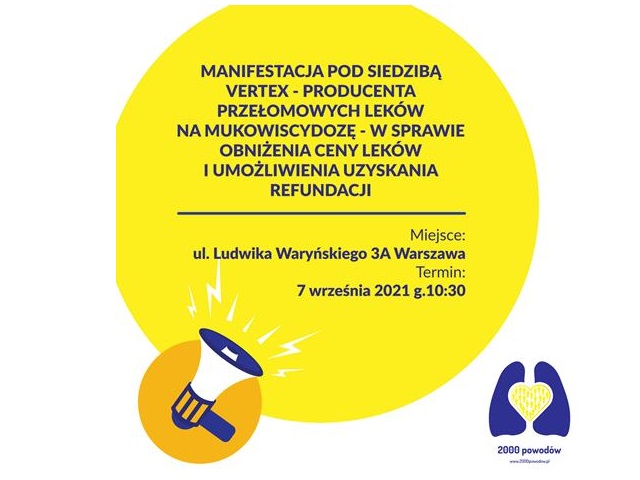 grafika w żółtym kole napis manifestacja pod siedzibą vertex producetna przełomowych leków na mukowiscydozę w sprawie obniżenia ceny leków i umożliwienia uzyskania refundacji