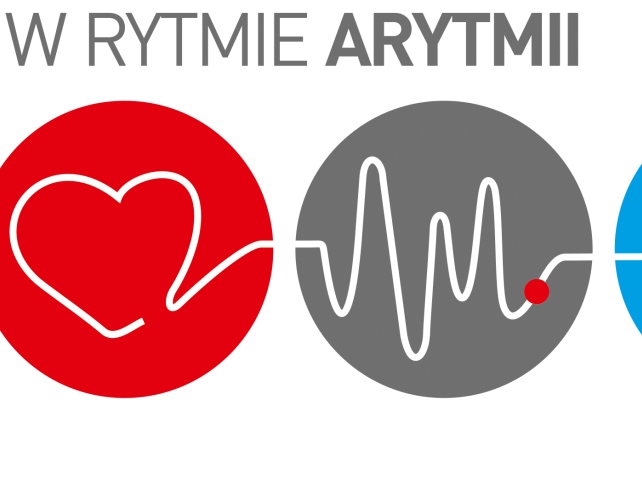 grafika czerwone i szare koło z symbolem nierównej linii arytmii i napi w rytmie arytmii
