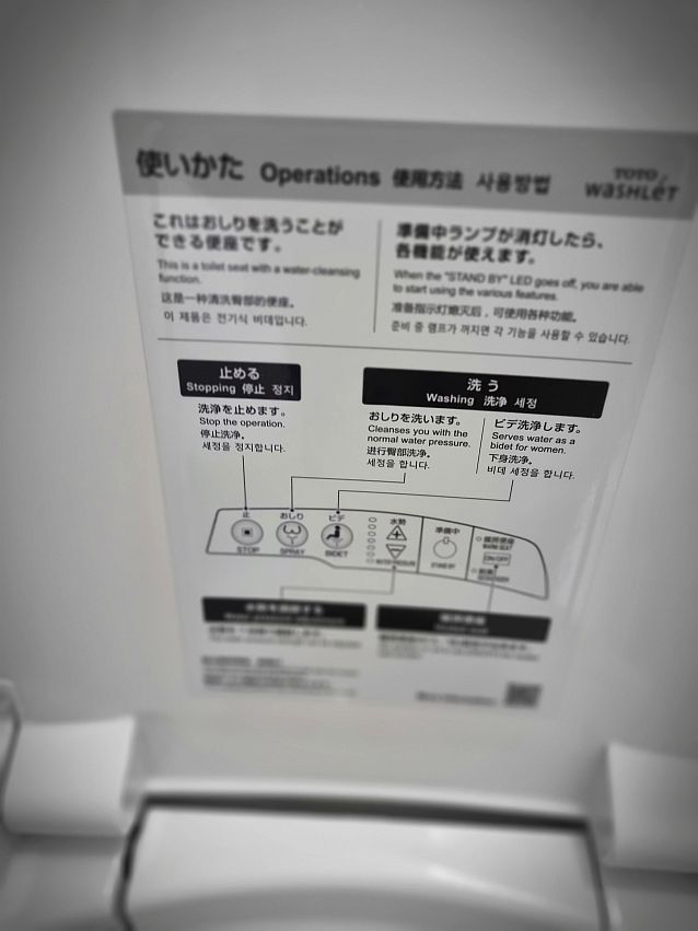 Panel automatycznej toalety z ikonami i napisami po japońsku i angielsku oznaczającymi m.in. mycie