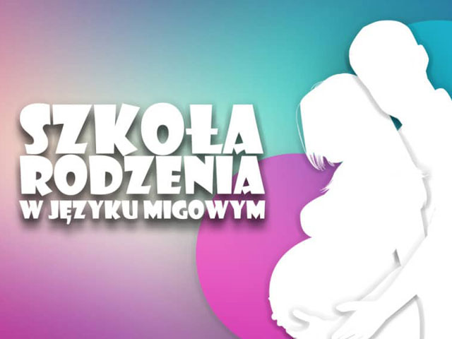 grafika z napisem po lewej stronie: Szkoła rodzenie w języku migowym. Po prawej kobieta w ciąży, obejmowana przez partnera