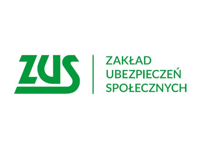 Logo ZUS. Zielone litery na białym tle. PO lewej stronie napis ZUS po prawej, oddzielony kreską napis Zakład Ubezpieczeń Społecznych 
