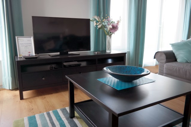 telewizor na niskim meblu i niski stolik z niebieską wazą