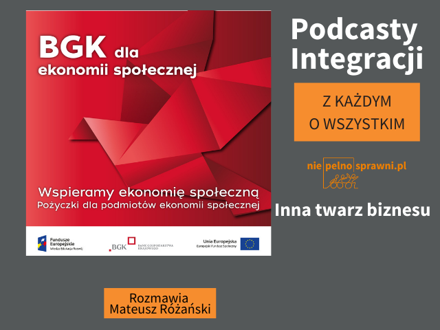 Grafika podcastu na temat programu wsparcia Podmiotów Ekonomii Społecznej pt. Inna twarz biznesu