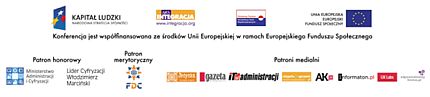 Loga organizatorów i patronów konferencji, w tym m.in. Integracja, PFRON, UE, Forum Dostępnej Cyberprzestrzeni