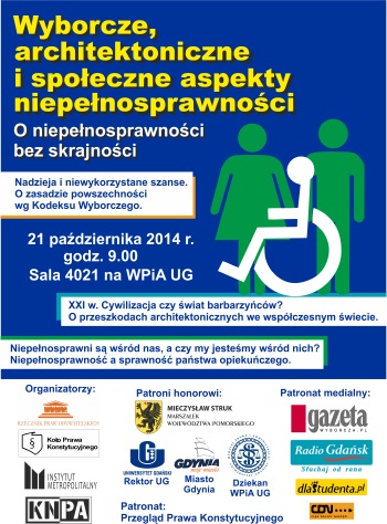 Plakat informujący o konferencji Wyborcze, architektoniczne i społeczne aspekty niepełnosprawności
