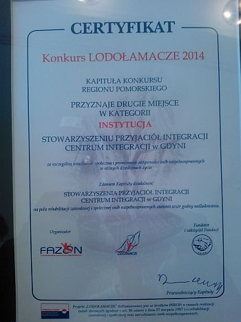 Certyfikat konkursu Lodołamacze 2014 z informacją o przyznaniue II miejsca w kat. Instytucja Centrum Integracja w Gdyni