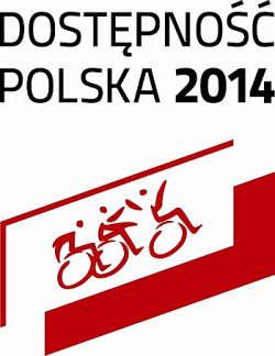 Logo z napisem Dostępność Polska 2014, a także flagą Polski z symbolami trzech ludzi na wózkach