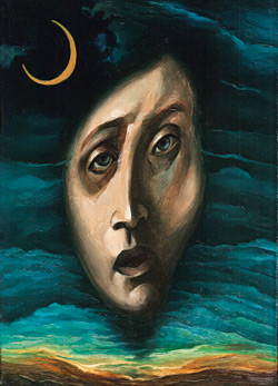 obraz Adriana pt. Zjawa. na obrazie jest namalowana noc, księżyc i twarz