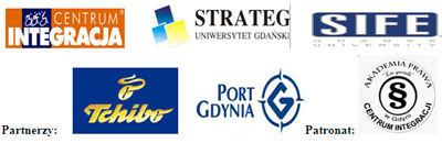 Logotypy: CI Gdynia, Strateg UG, SIFE, partner: Tchibo, patronat: Akademia Prawa CI Gdynia