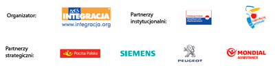 Logotypy: organizatorzy: Integracja, PFRON, Warszawa, partnerzy strategiczni: Poczta Polska, Siemens, Peugeot, Mondial Assistance