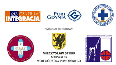 Logotypy: Centrum Integracja, Port Gdynia, WOPR, Szkoła Nazaret, marszałek woj. pomorskiego, Zespół Sportowych Szkół Ogólnokształcących w Gdyni