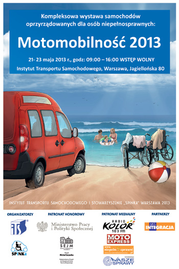 Motomobilność 2013 - plakat: samochód i wózek inwaldzki na plaży